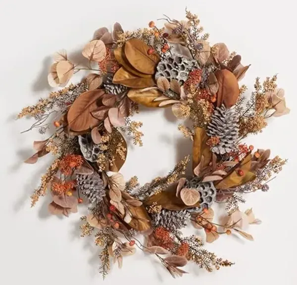 SAFAVIEH Home Collection 32-inch Decorative Artificial Eucalyptus & Lotus Wreath with Pine Cones (Fully Assembled)