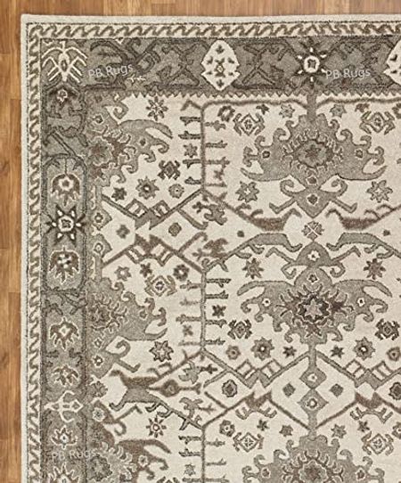 PB RUGS Aurelia Natural & Blue Traditional Oriental Old Antique Style 100% Woolen Area Rug (Neutral, 9' x 12')