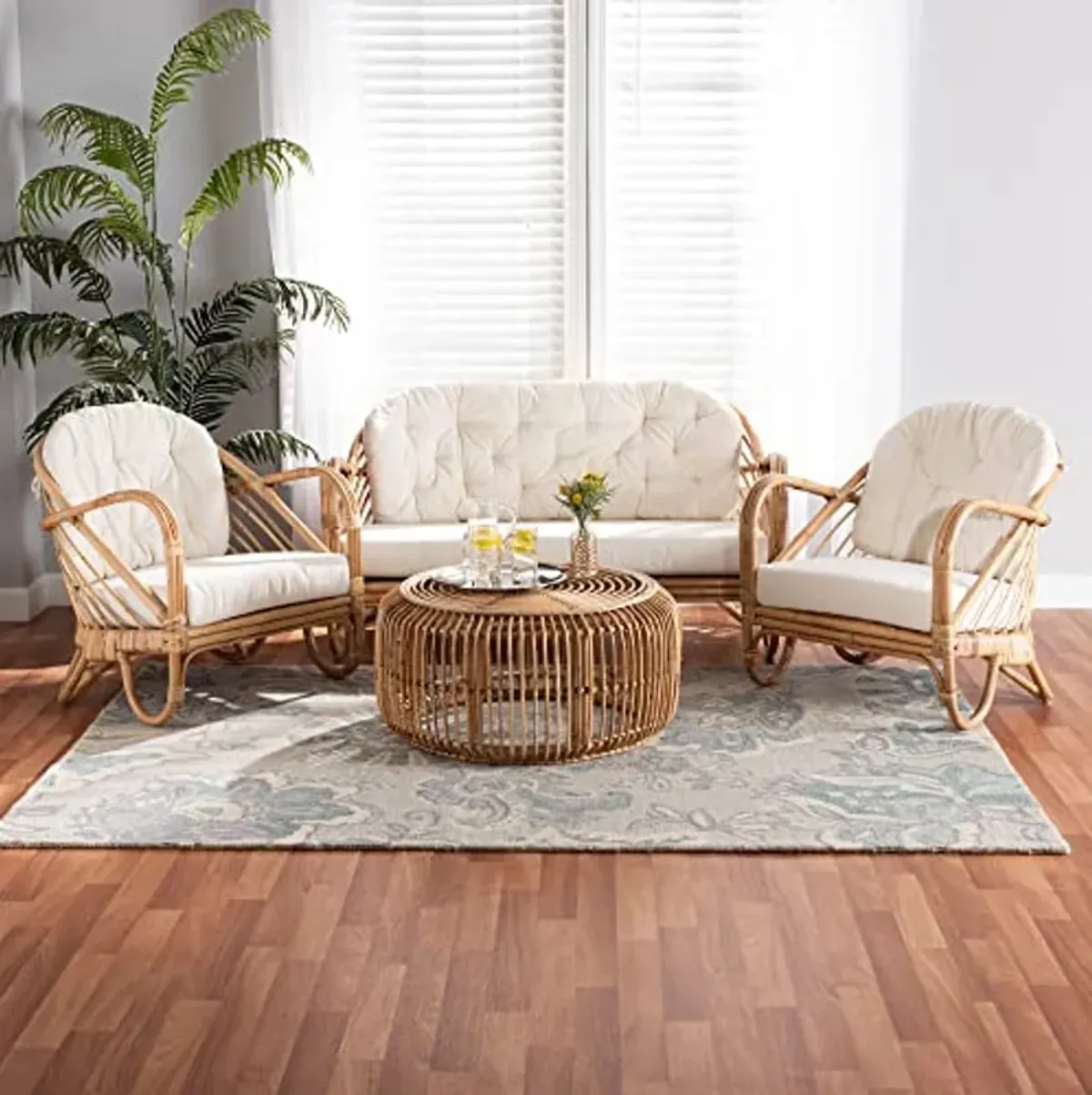 Baxton Studio Aliane Natural Rattan Living Room, 4-Piece Set