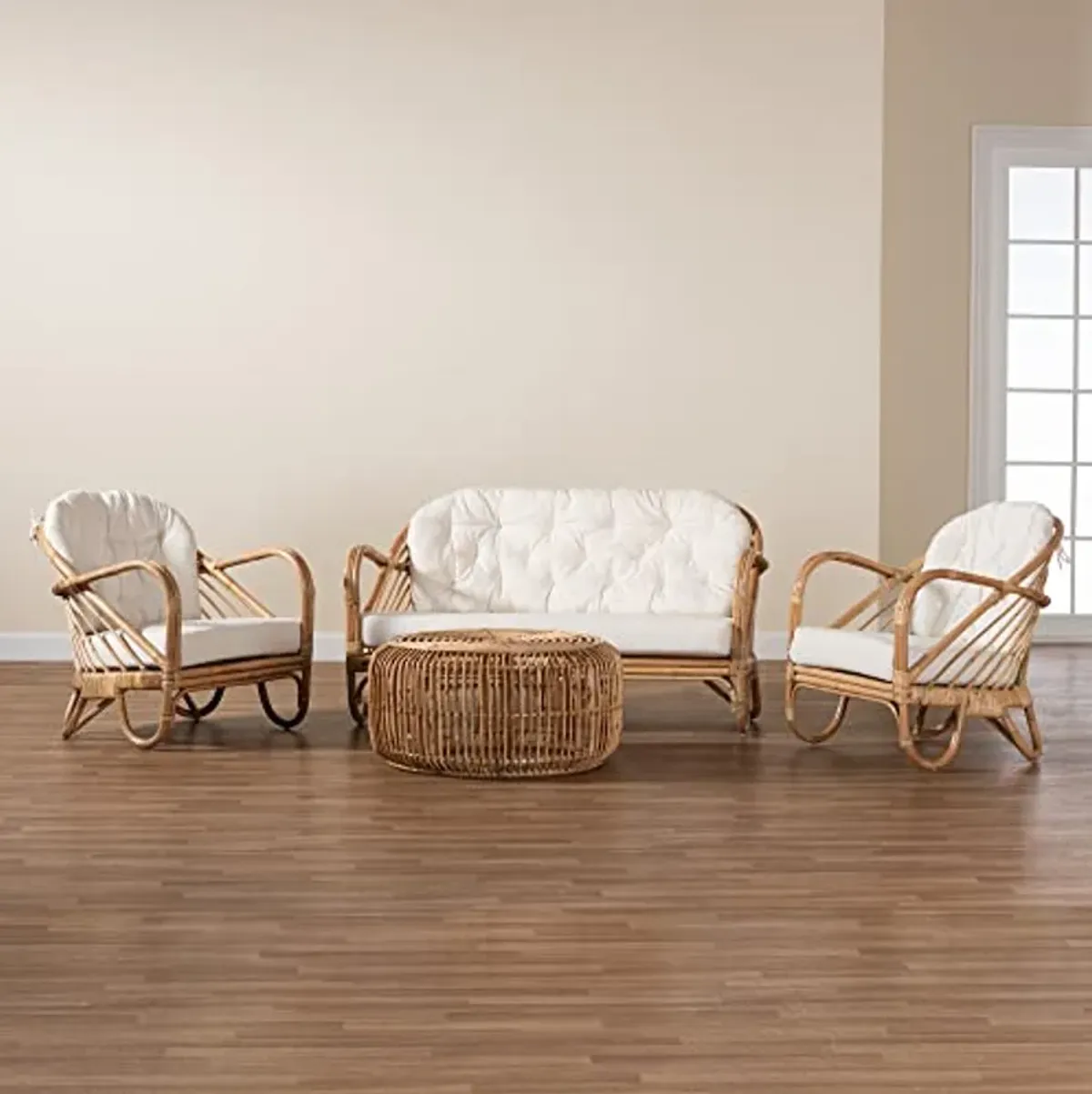 Baxton Studio Aliane Natural Rattan Living Room, 4-Piece Set