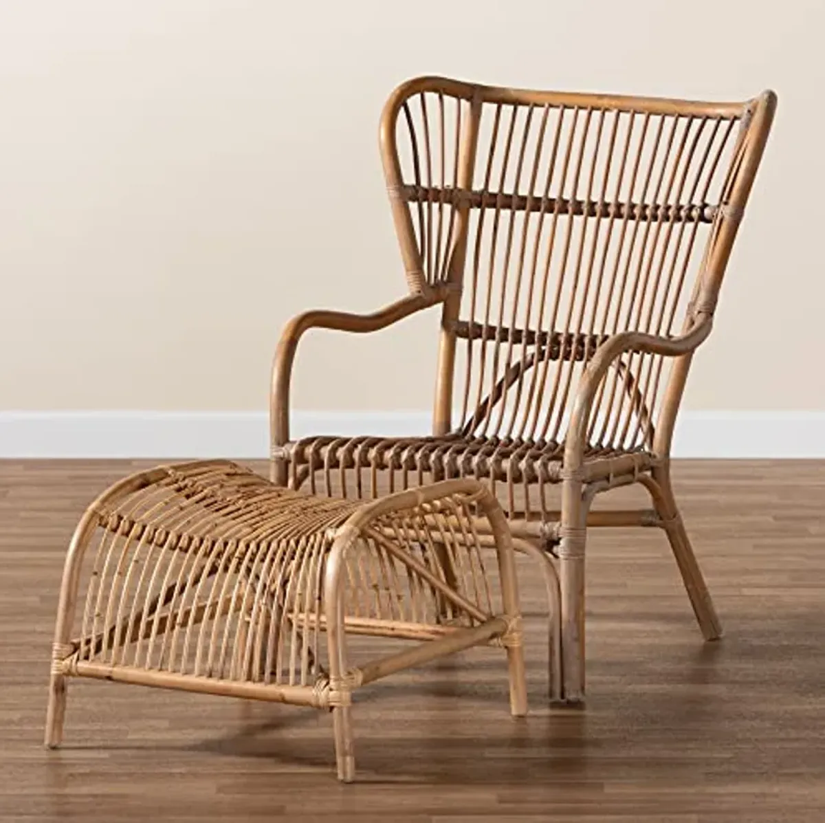 Baxton Studio Lamaria Natural Rattan Chair and Footstool, 2-Piece Set