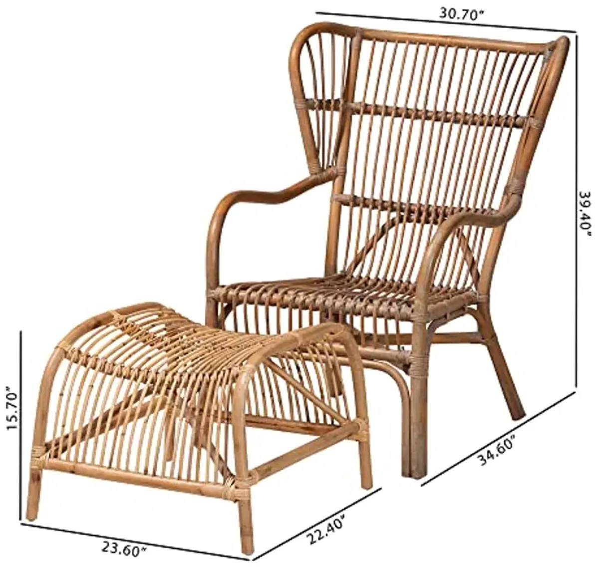 Baxton Studio Lamaria Natural Rattan Chair and Footstool, 2-Piece Set