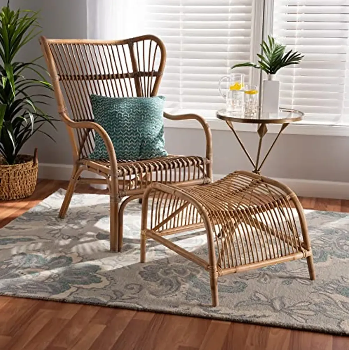 Baxton Studio Lamaria Natural Rattan Chair and Footstool, 2-Piece Set