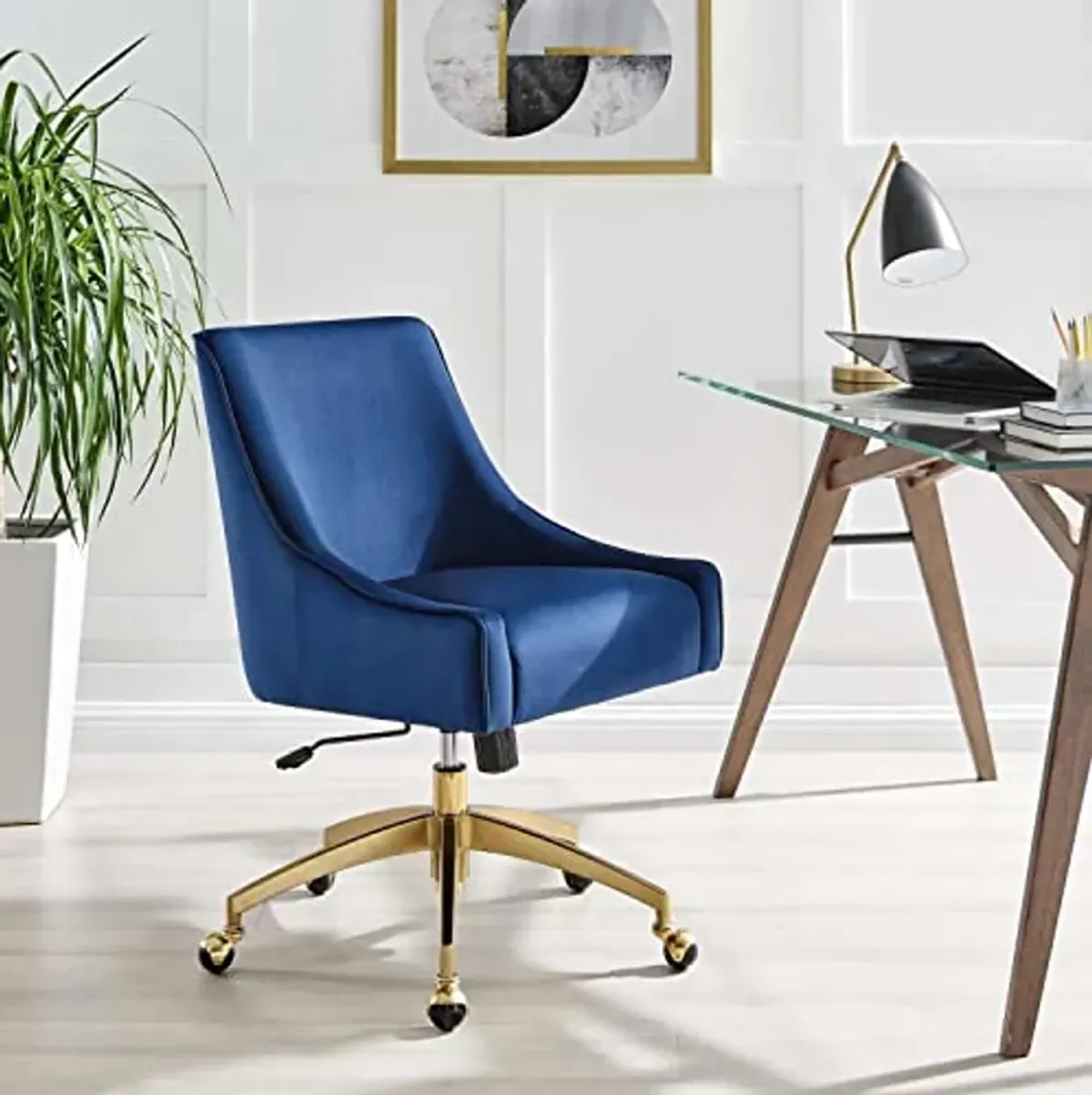 Modway Discern Modern Performance Velvet Swivel Office Chair in Navy/Gold