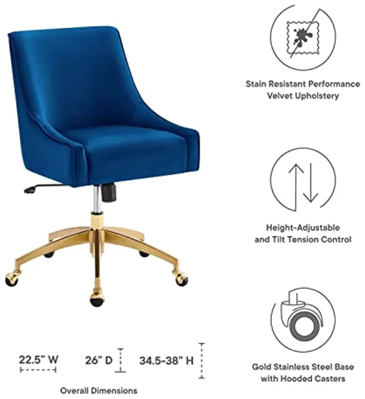 Modway Discern Modern Performance Velvet Swivel Office Chair in Navy/Gold