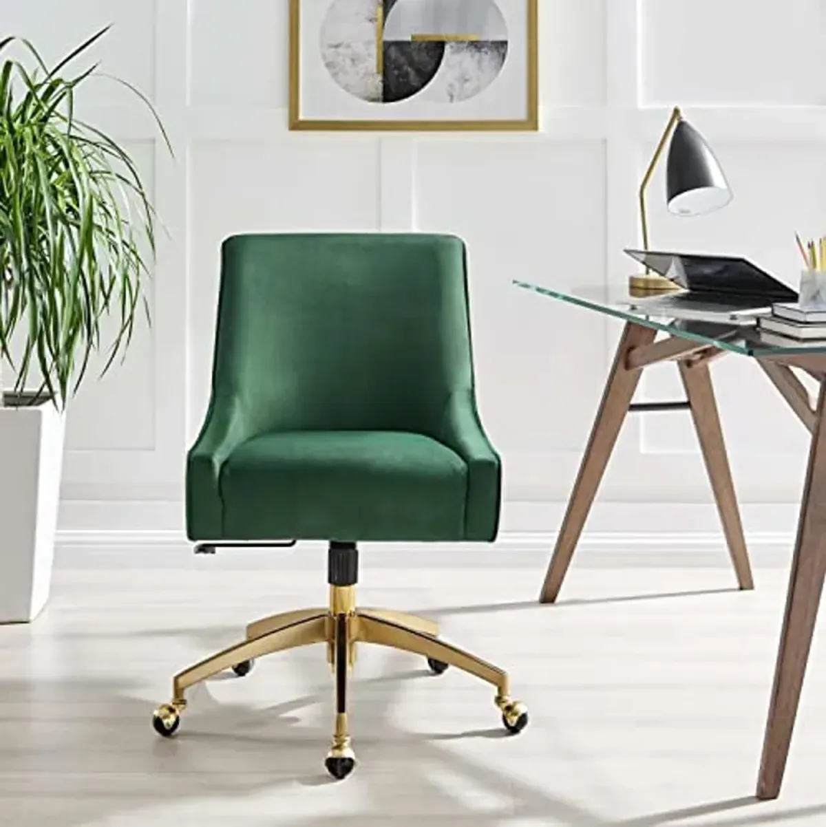 Modway Discern Modern Performance Velvet Swivel Office Chair in Green/Gold