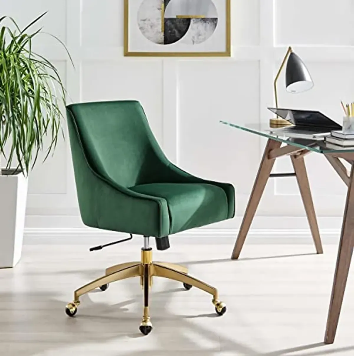 Modway Discern Modern Performance Velvet Swivel Office Chair in Green/Gold