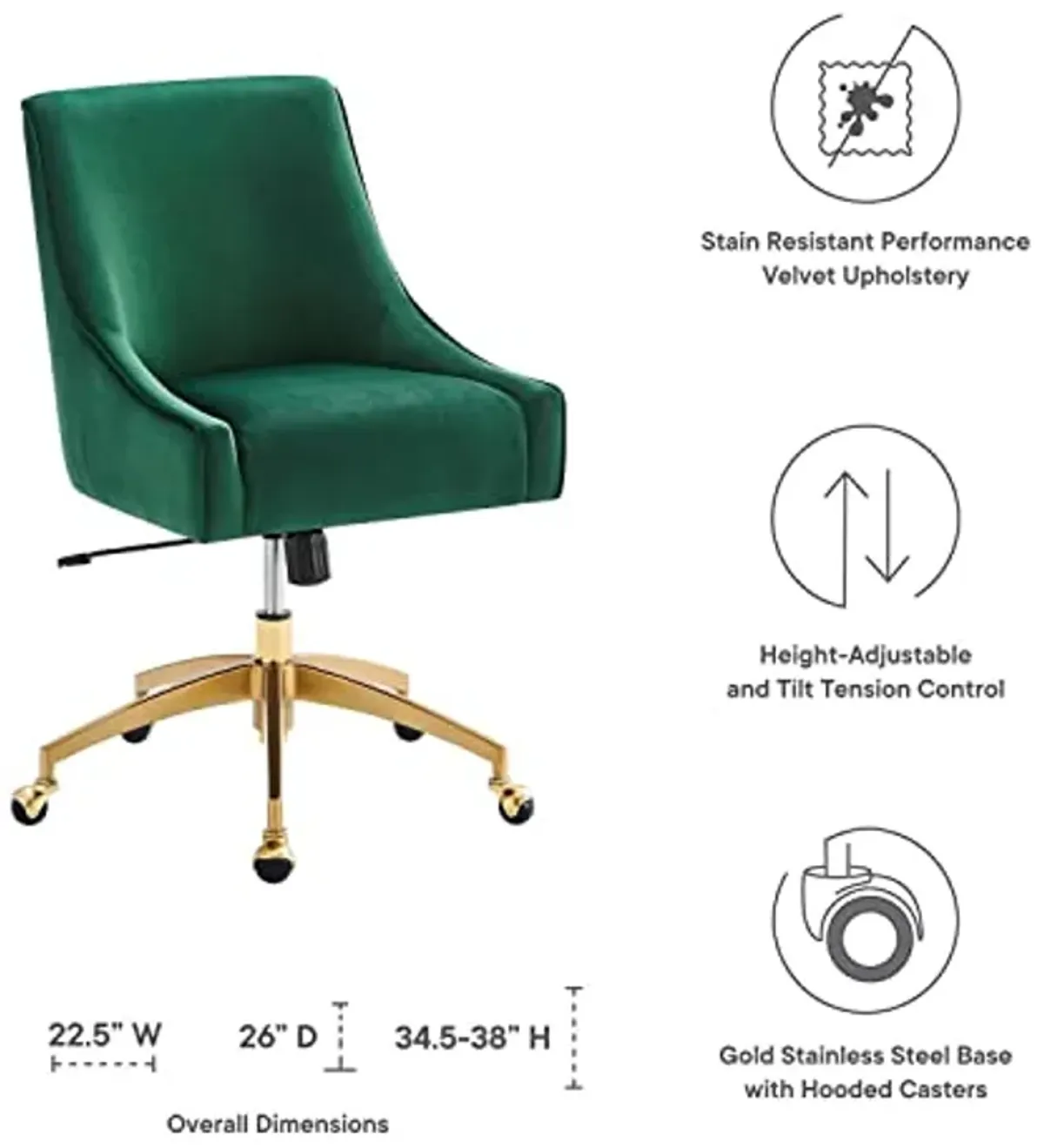 Modway Discern Modern Performance Velvet Swivel Office Chair in Green/Gold