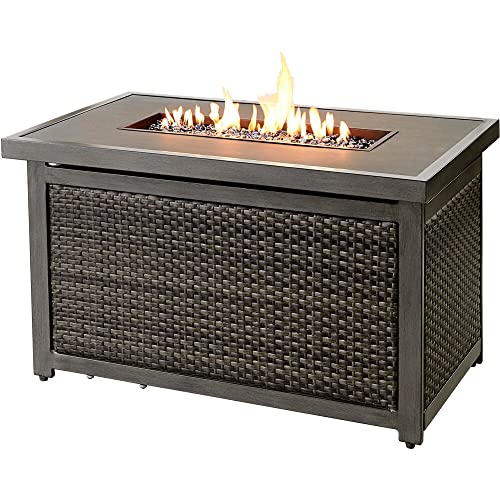 Hanover Sedona Rectangle 42in x25in Fire Pit Table 30,000 BTU Outdoor Wicker Patio Propane Gas Top, Aluminum Frames, Glass Rocks, Lid, All-Weather-SEDFP-REC, 42-in, Gray