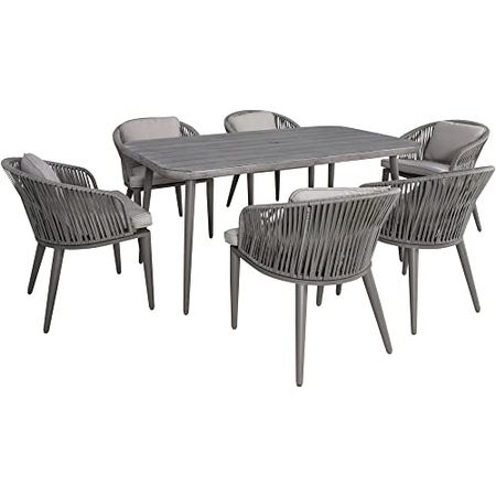Hanover Gray Providence 7-Piece Outdoor Mixed Material Coastal Dining Set, Rope Chairs, Faux Wood Table, Plush Cushions, All-Weather-PROVDN7PC-GRY