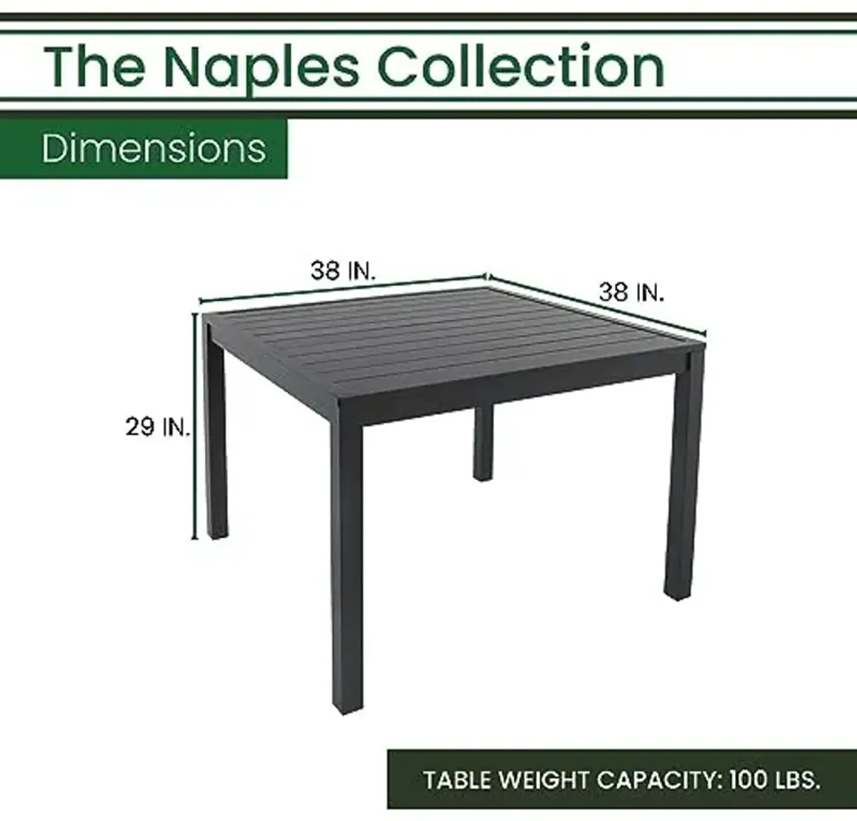 Hanover Naples 38" Square Outdoor Aluminum Slat Dining Table, Gray, All-Weather