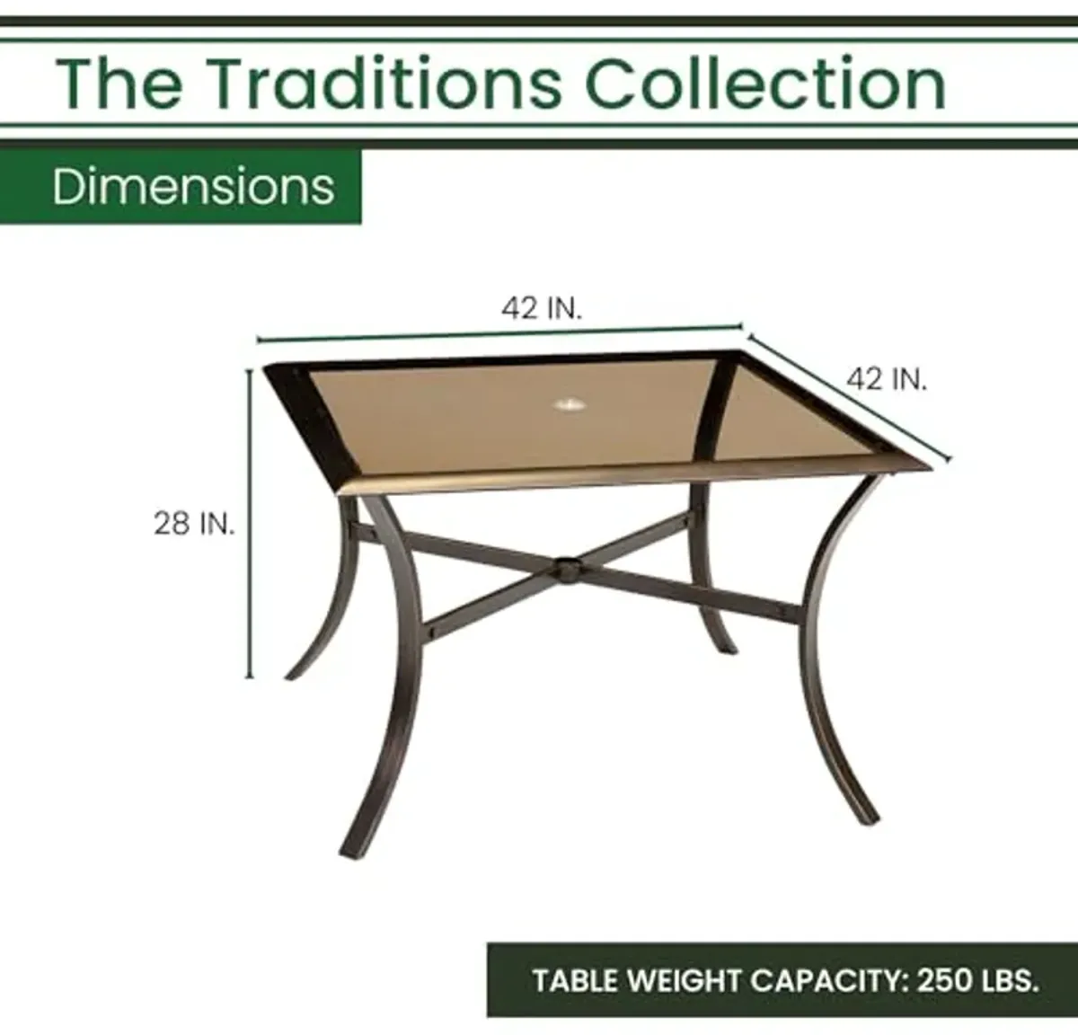 Hanover Traditions 42" Square Glass Top Table for Outdoor Dining Set, Cast Aluminum Frames, Bronze Finish, All-Weather Outdoor Dining Table for 6