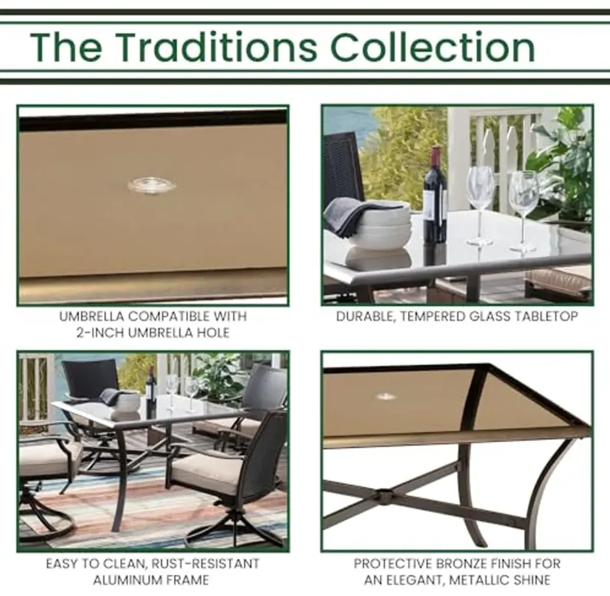 Hanover Traditions 42" Square Glass Top Table for Outdoor Dining Set, Cast Aluminum Frames, Bronze Finish, All-Weather Outdoor Dining Table for 6