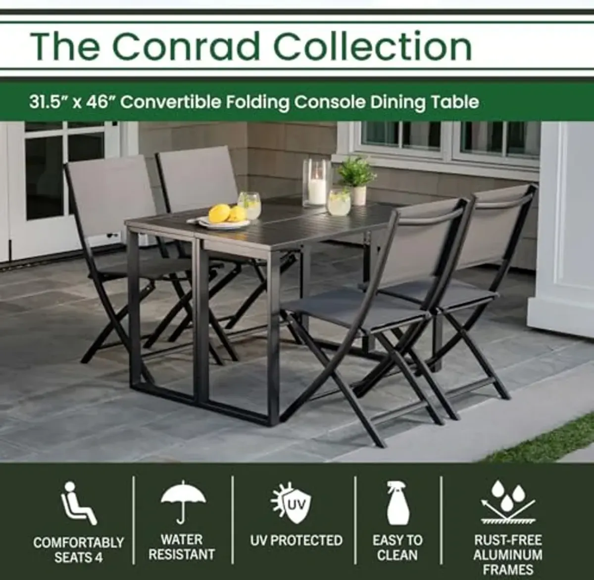 Conrad 31.5" x 46" Folding Outdoor Console Dining Table, Aluminum Frames, Gray, All-Weather