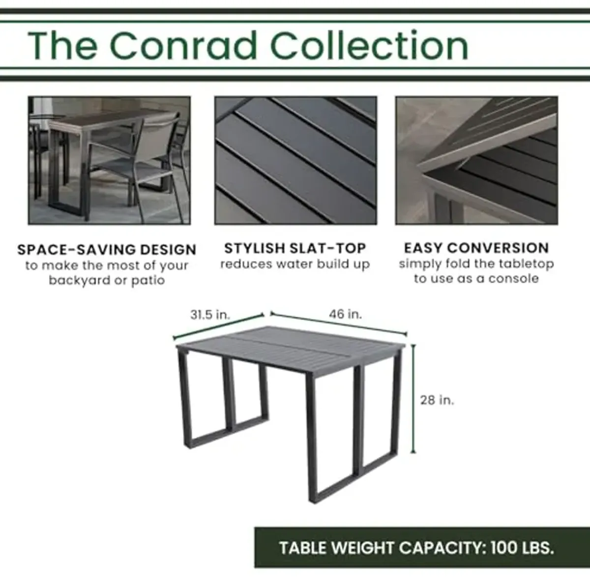 Conrad 31.5" x 46" Folding Outdoor Console Dining Table, Aluminum Frames, Gray, All-Weather