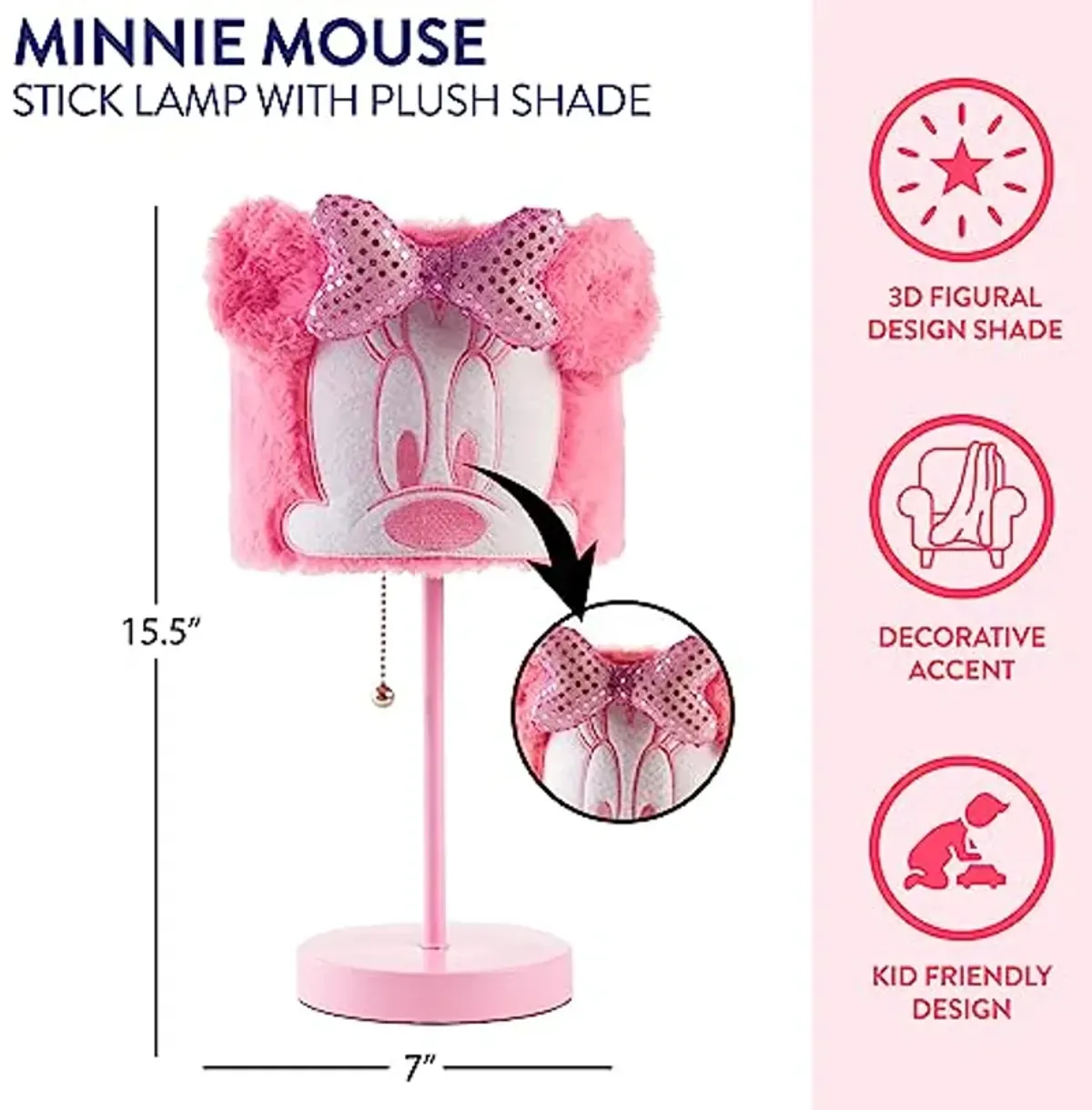 Idea Nuova Disney Minnie Mouse Plush Shade Table Lamp, Pink