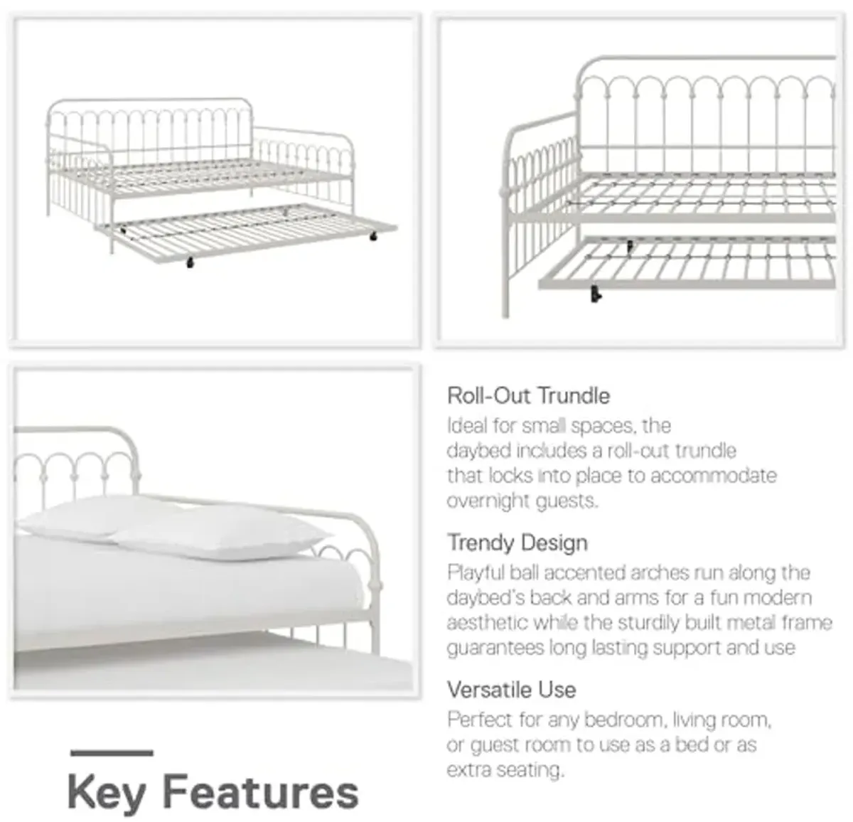 Novogratz Bright Pop Full Metal Daybed with Twin Trundle Bed, Off White