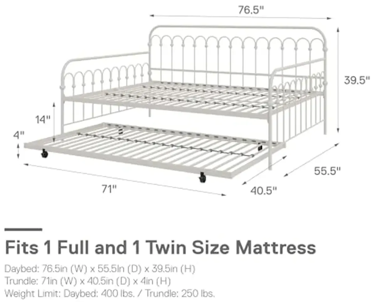 Novogratz Bright Pop Full Metal Daybed with Twin Trundle Bed, Off White