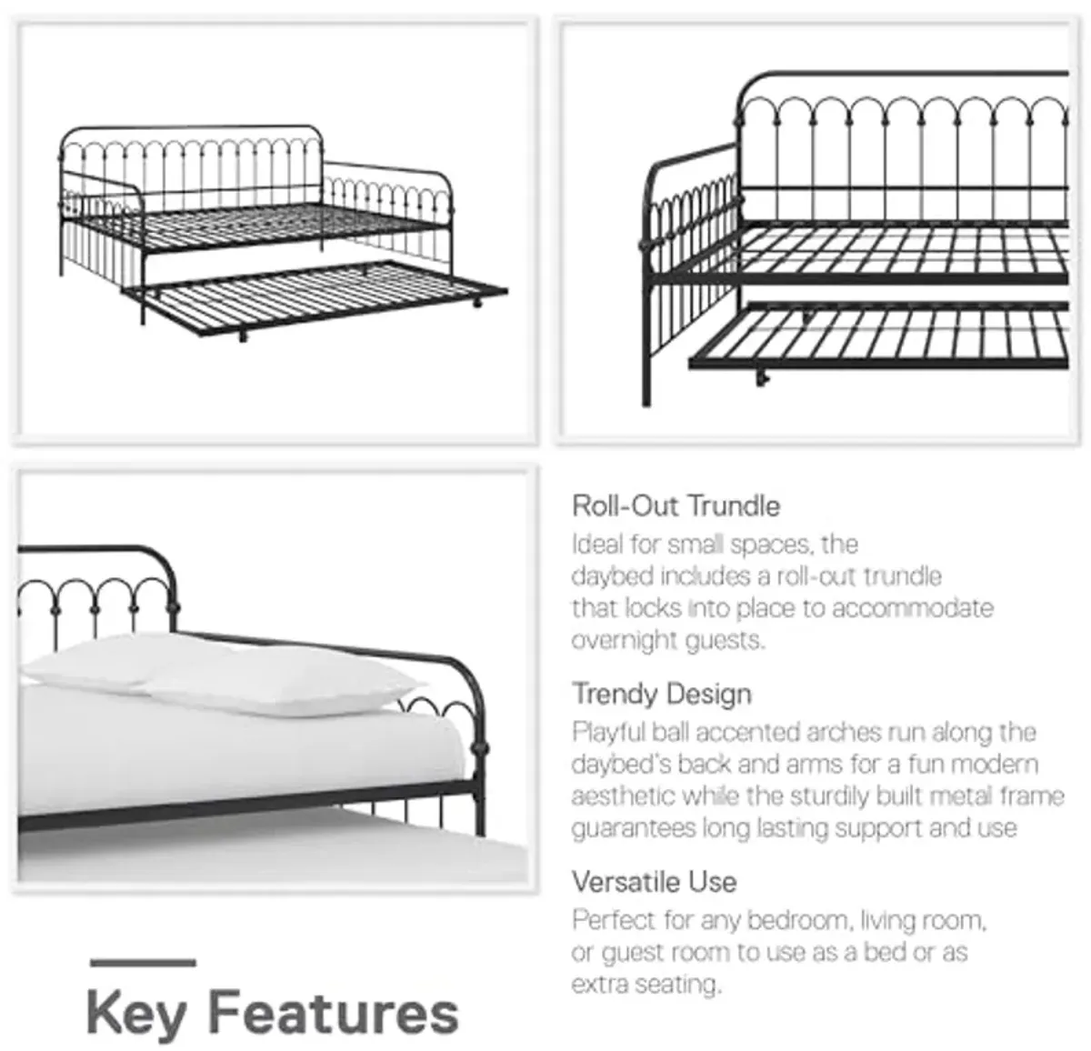 Novogratz Bright Pop Full Metal Daybed with Twin Trundle Bed, Black