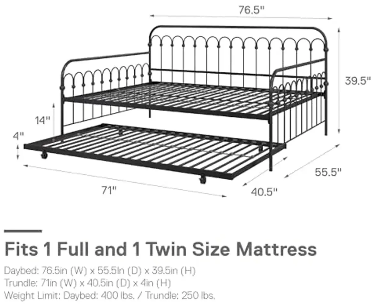 Novogratz Bright Pop Full Metal Daybed with Twin Trundle Bed, Black