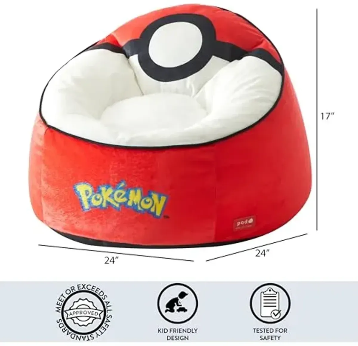 Idea Nuova Pokemon Hillside by pod Kids Plush Bean Bag Chair, 24" Hx24 Hx17 H, Large