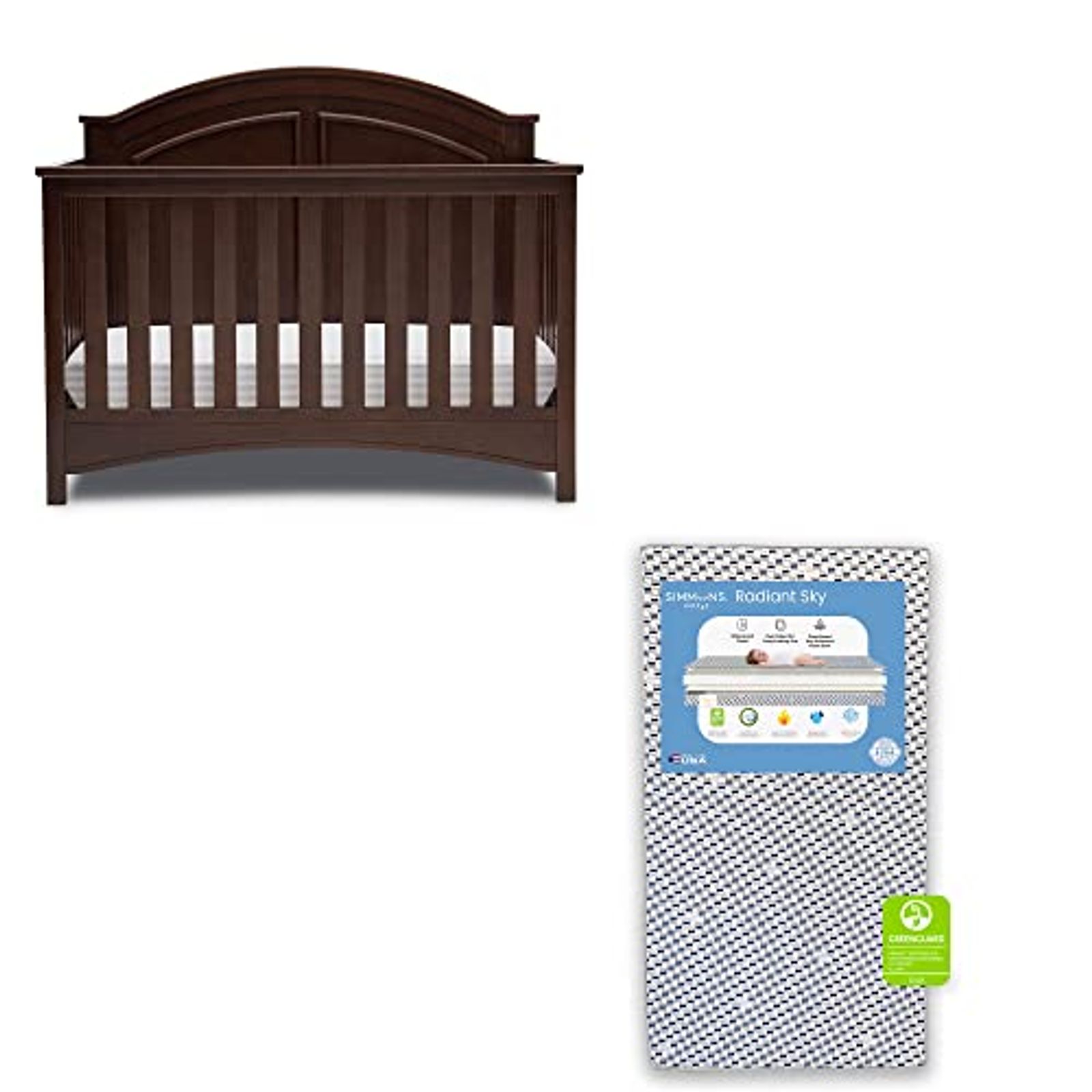 Delta Children Perry 6-in-1 Convertible Crib - Greenguard Gold Certified, Walnut Espresso + Simmons Kids Radiant Sky Dual Sided Baby Crib Mattress and Toddler Mattress (Bundle)