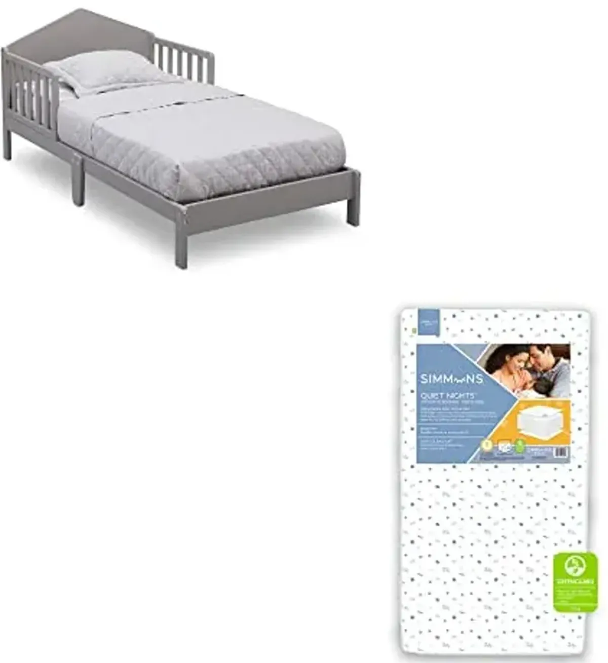 Delta Children Homestead Toddler Bed - Greenguard Gold Certified, Grey + Simmons Kids Quiet Nights Dual Sided Crib and Toddler Mattress (Bundle)