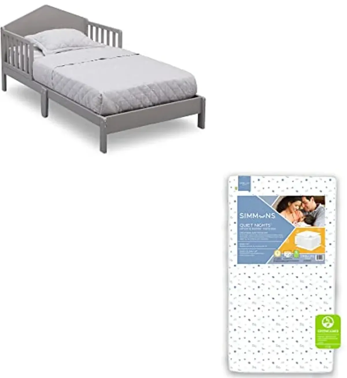 Delta Children Homestead Toddler Bed - Greenguard Gold Certified, Grey + Simmons Kids Quiet Nights Dual Sided Crib and Toddler Mattress (Bundle)