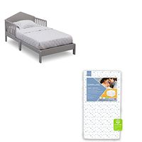 Delta Children Homestead Toddler Bed - Greenguard Gold Certified, Grey + Simmons Kids Quiet Nights Dual Sided Crib and Toddler Mattress (Bundle)