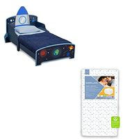 Delta Children Wood Toddler Bed, Space Adventures Rocket Ship + Simmons Kids Quiet Nights Dual Sided Crib and Toddler Mattress (Bundle)