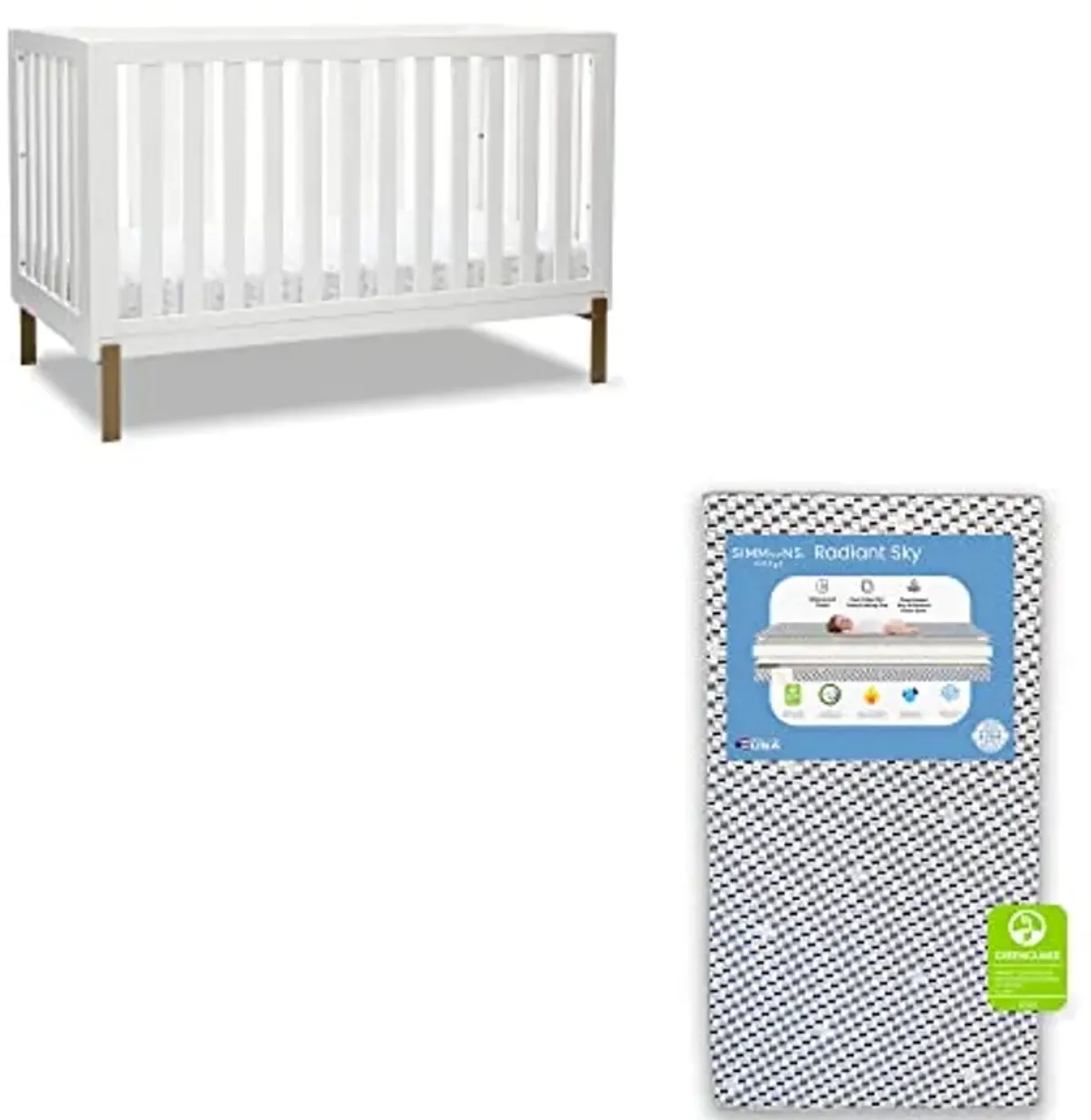 Delta Children Hendrix 4-in-1 Convertible Crib, Greenguard Gold Certified, Bianca White/Bronze + Simmons Kids Radiant Sky Dual Sided Baby Crib Mattress and Toddler Mattress (Bundle)