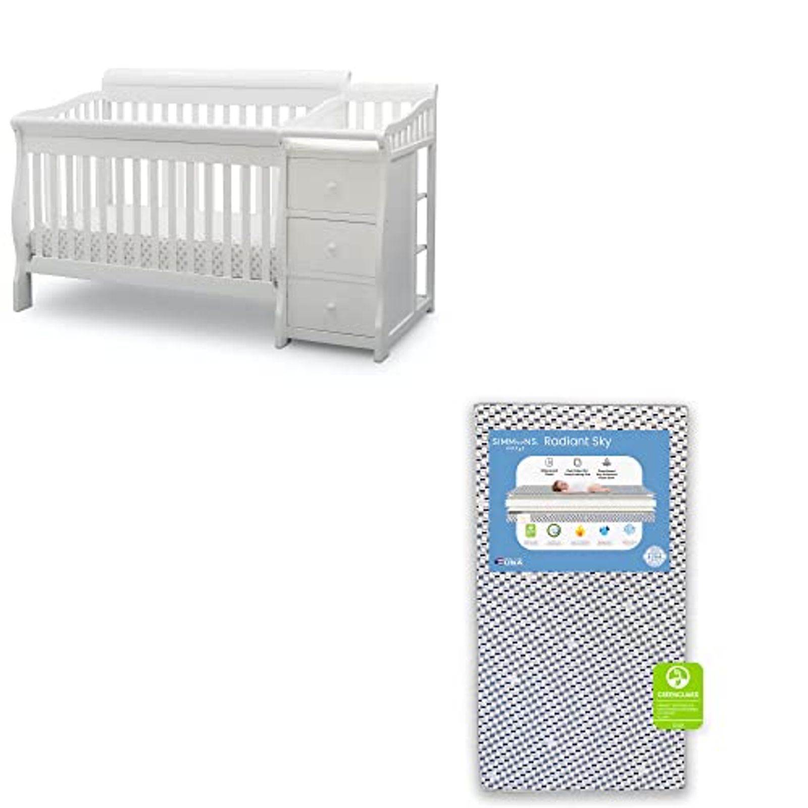 Delta Children Princeton Junction Convertible Crib N Changer, Bianca White + Simmons Kids Radiant Sky Dual Sided Baby Crib Mattress and Toddler Mattress (Bundle)