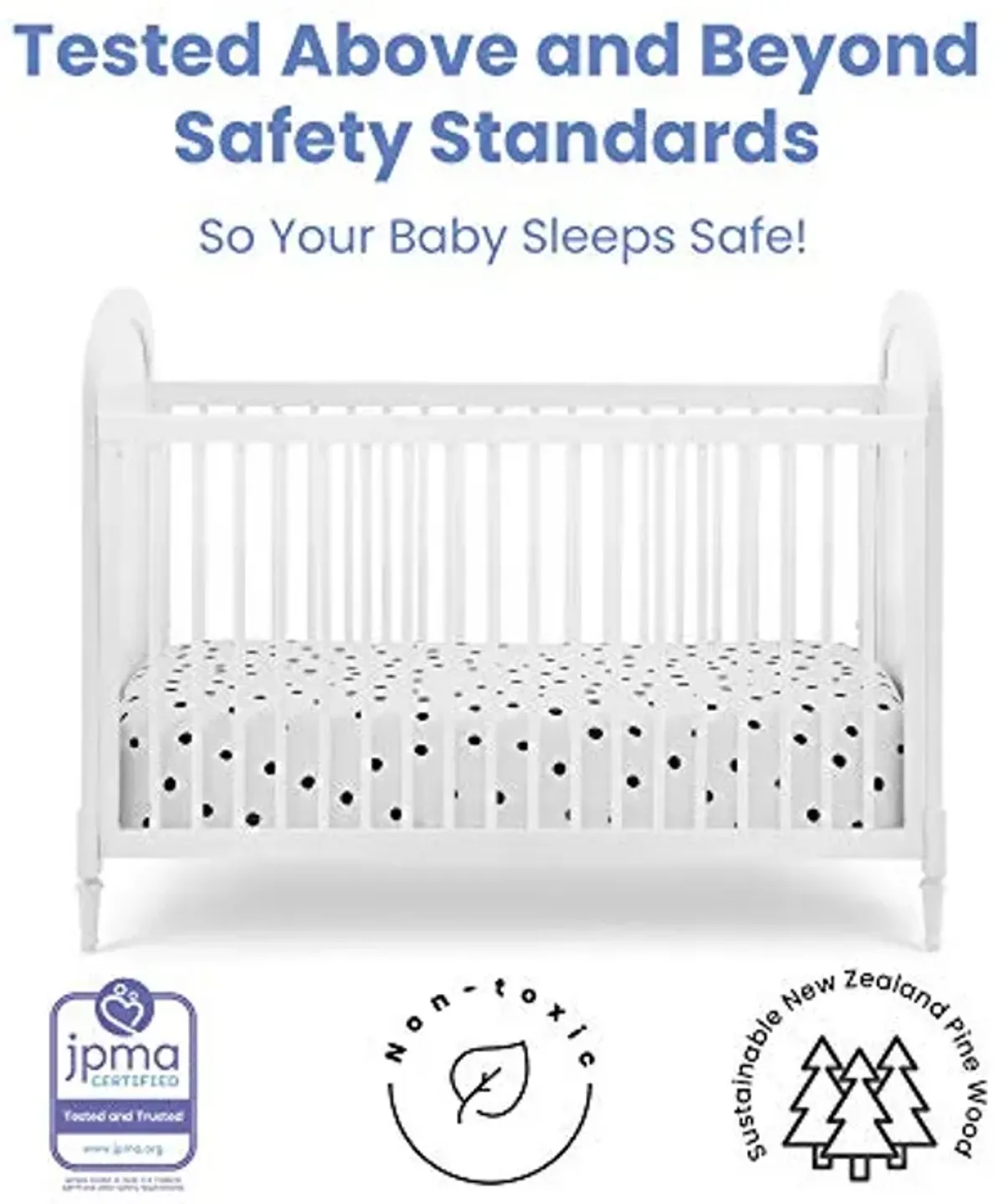 Delta Children Madeline 4-in-1 Convertible Crib, Bianca White + Simmons Kids Radiant Sky Dual Sided Baby Crib Mattress and Toddler Mattress (Bundle)