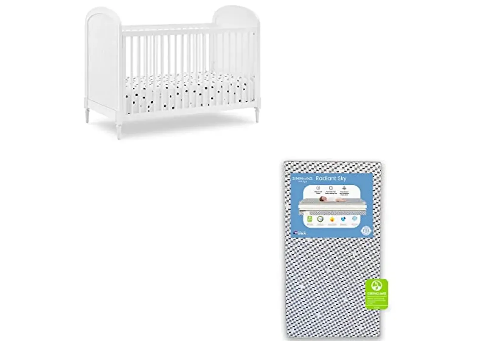 Delta Children Madeline 4-in-1 Convertible Crib, Bianca White + Simmons Kids Radiant Sky Dual Sided Baby Crib Mattress and Toddler Mattress (Bundle)