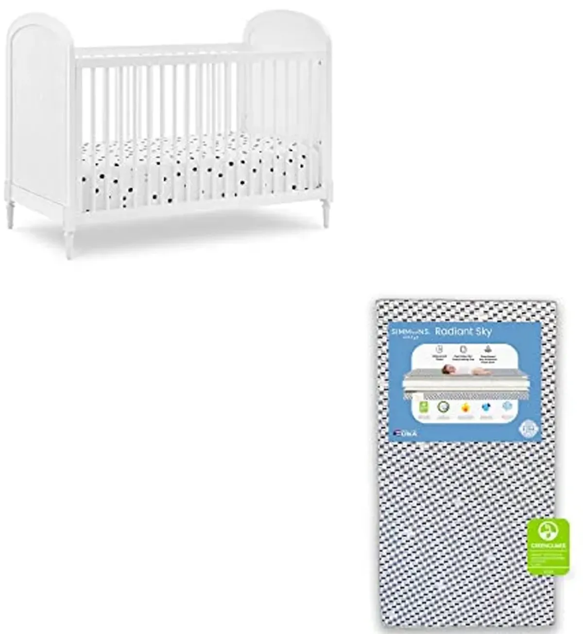 Delta Children Madeline 4-in-1 Convertible Crib, Bianca White + Simmons Kids Radiant Sky Dual Sided Baby Crib Mattress and Toddler Mattress (Bundle)