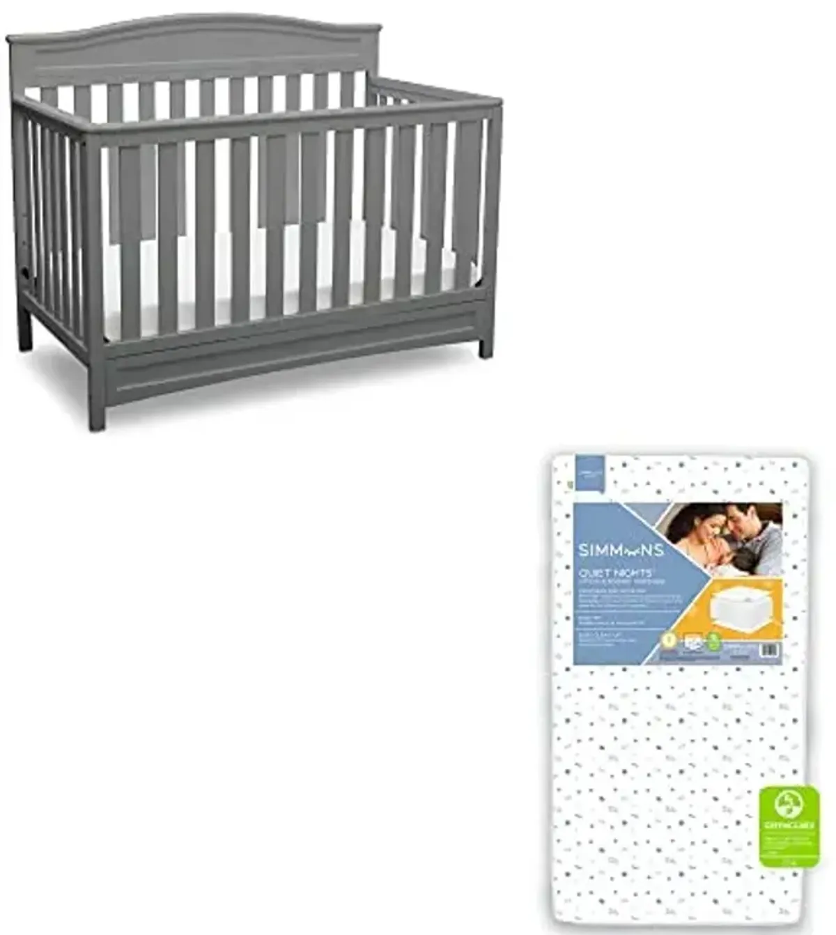 Delta Children Emery 4-in-1 Convertible Crib, Grey + Simmons Kids Quiet Nights Dual Sided Crib and Toddler Mattress (Bundle)