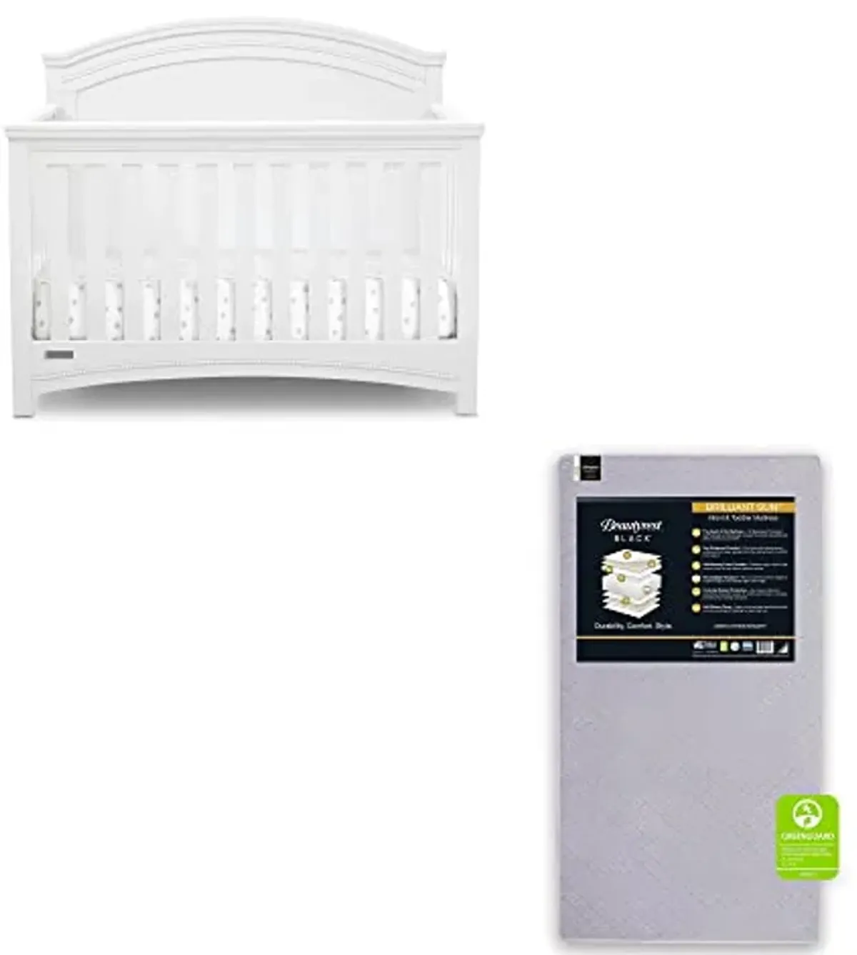 Simmons Kids SlumberTime Emma 4-in-1 Convertible Baby Crib N More, Bianca White + Beautyrest Beginnings Black Brilliant Sun Crib and Toddler Mattress (Bundle)