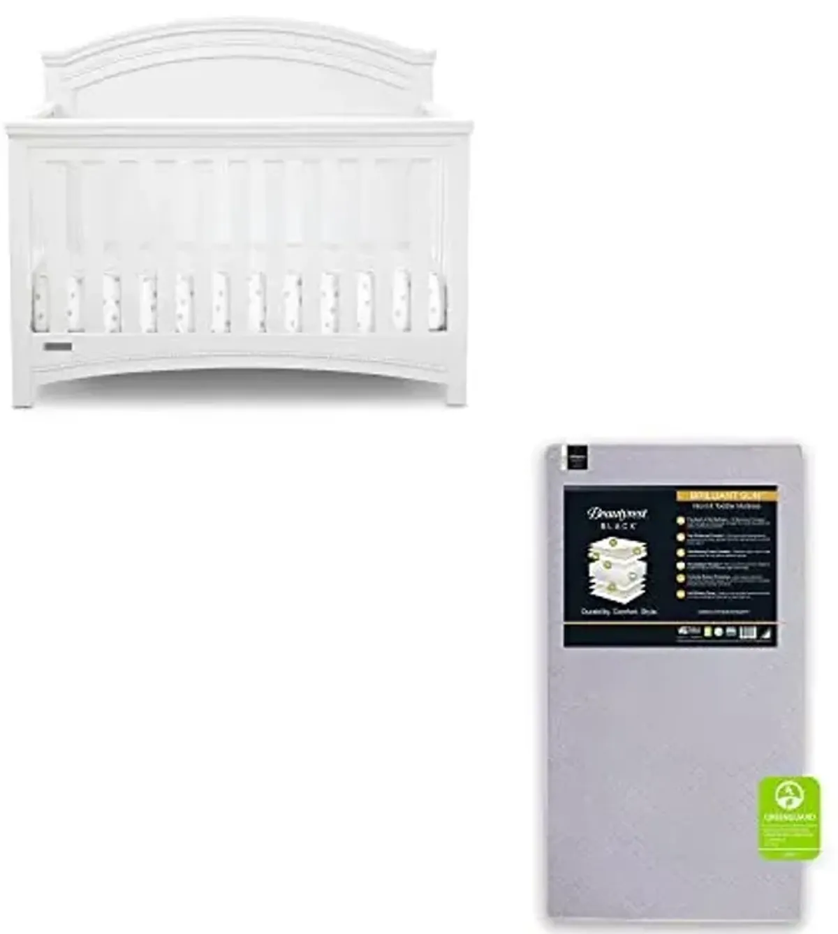 Delta Children Simmons Kids SlumberTime Emma 4-in-1 Convertible Baby Crib N More, Bianca White + Beautyrest Beginnings Black Brilliant Sun Crib and Toddler Mattress (Bundle)