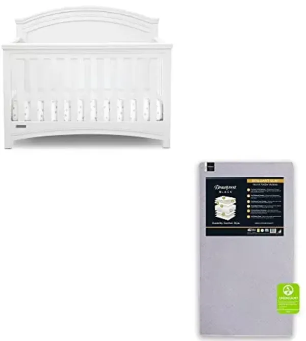 Delta Children Simmons Kids SlumberTime Emma 4-in-1 Convertible Baby Crib N More, Bianca White + Beautyrest Beginnings Black Brilliant Sun Crib and Toddler Mattress (Bundle)