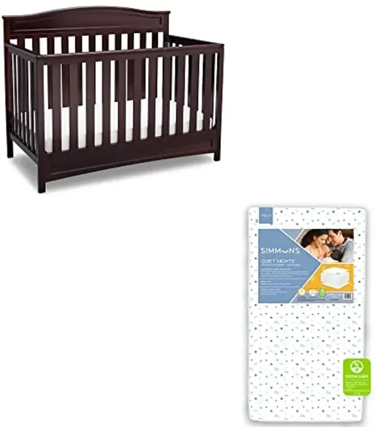 Delta Children Emery 4-in-1 Crib, Dark Chocolate + Simmons Kids Quiet Nights Dual Sided Crib and Toddler Mattress (Bundle)