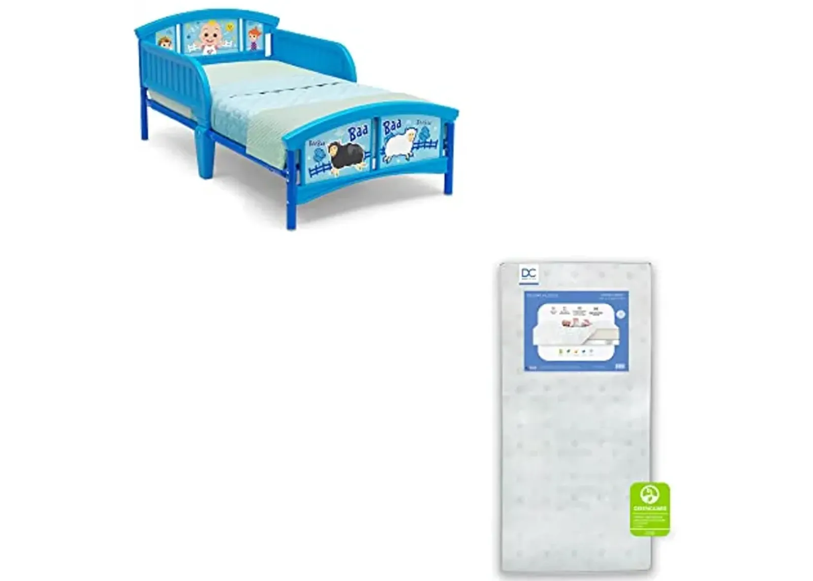 Delta Children Plastic Toddler Bed, CoComelon Twinkle Galaxy Dual Sided Crib and Toddler Mattress (Bundle)