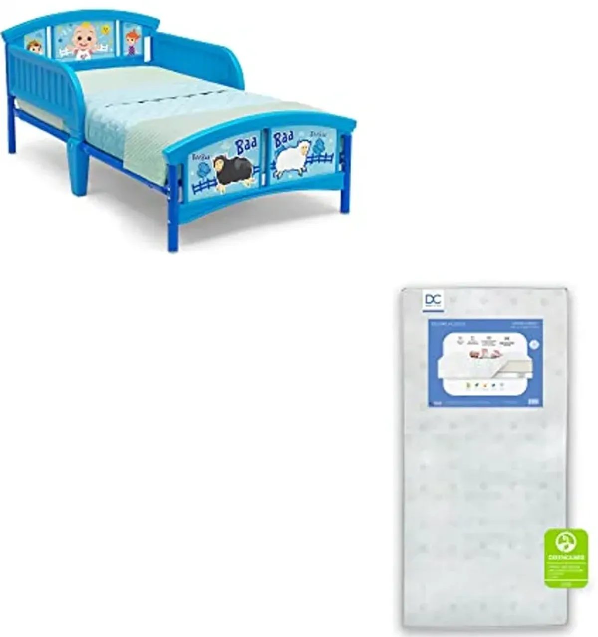 Delta Children Plastic Toddler Bed, CoComelon Twinkle Galaxy Dual Sided Crib and Toddler Mattress (Bundle)