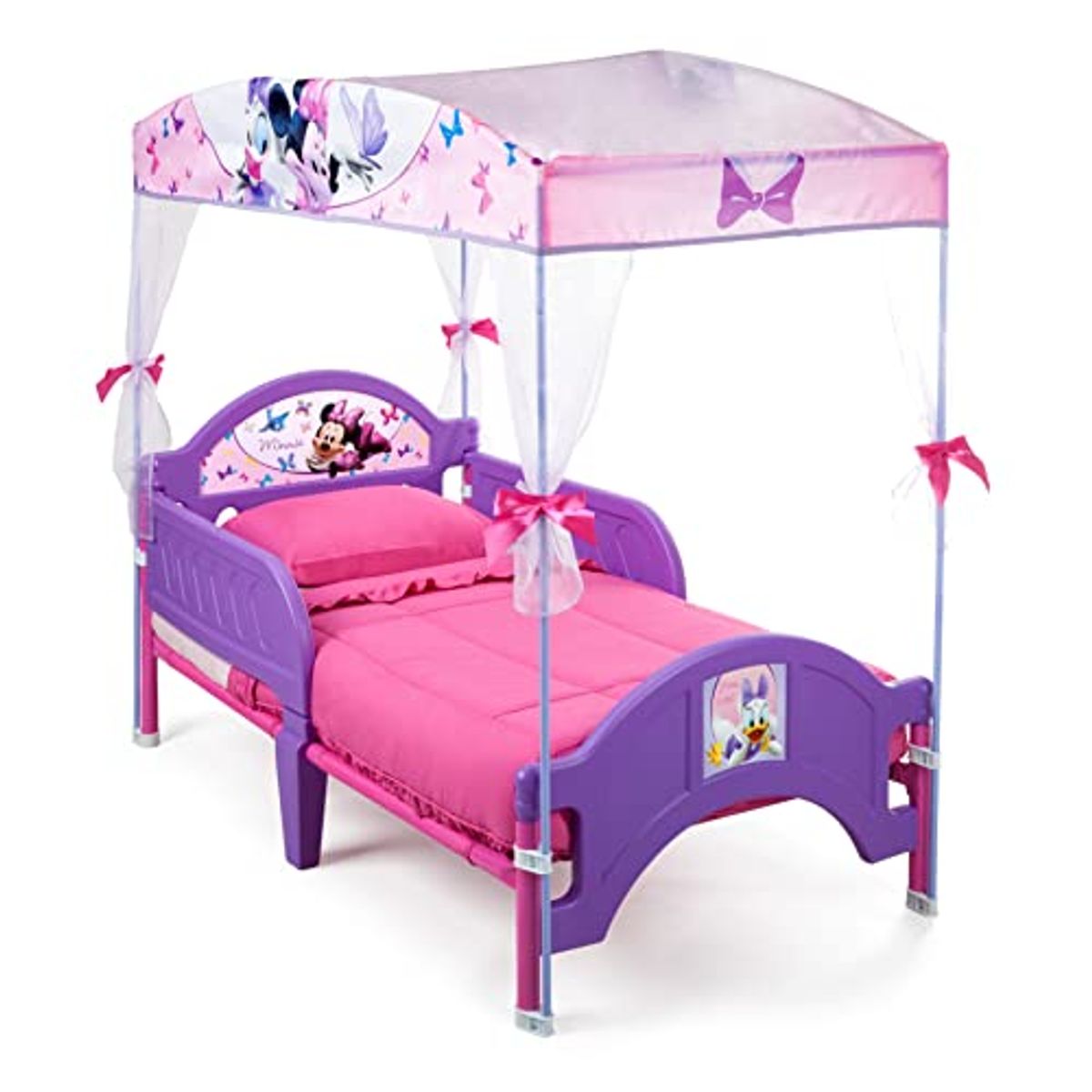 Delta Children Canopy Toddler Bed, Minnie Mouse Twinkle Galaxy Dual Sided Recycled Fiber Core Crib and Toddler Mattress (Bundle)