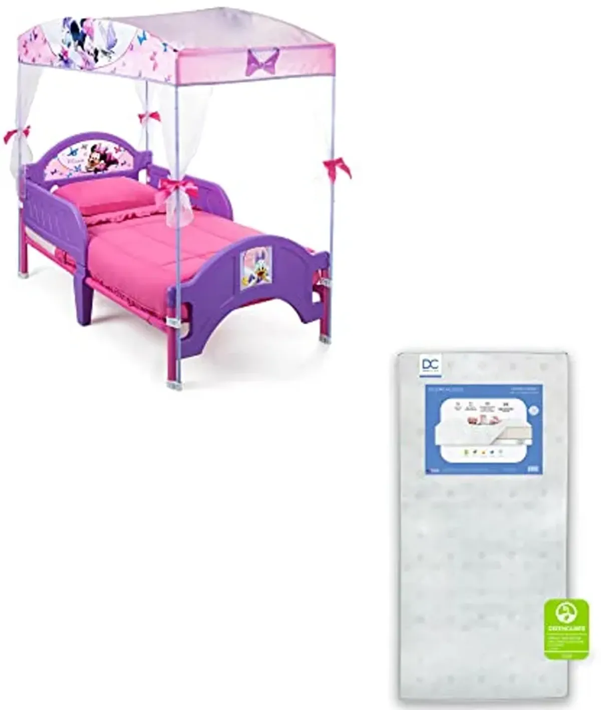 Delta Children Canopy Toddler Bed, Minnie Mouse Twinkle Galaxy Dual Sided Recycled Fiber Core Crib and Toddler Mattress (Bundle)