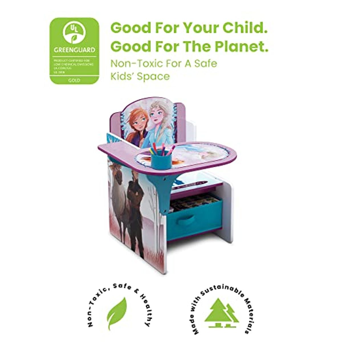 Delta Children Chair Desk with Storage Bin + Wooden Playhouse 4-Shelf Bookcase for Kids, Frozen (Bundle)