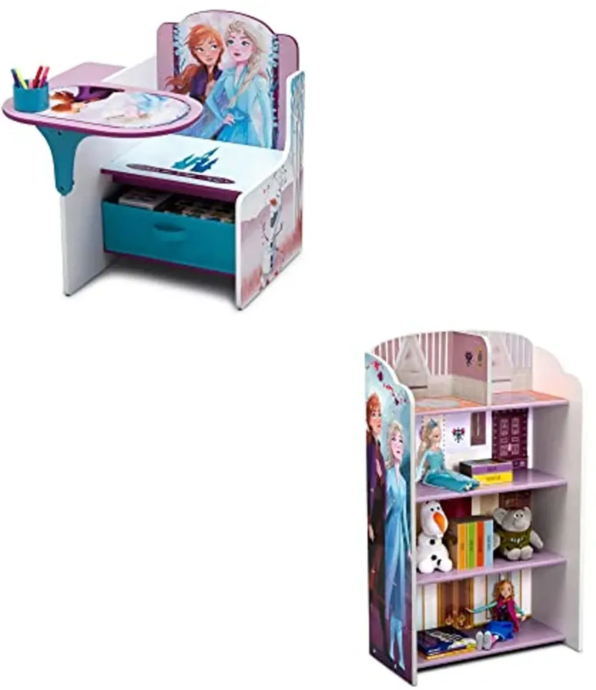 Delta Children Chair Desk with Storage Bin + Wooden Playhouse 4-Shelf Bookcase for Kids, Frozen (Bundle)