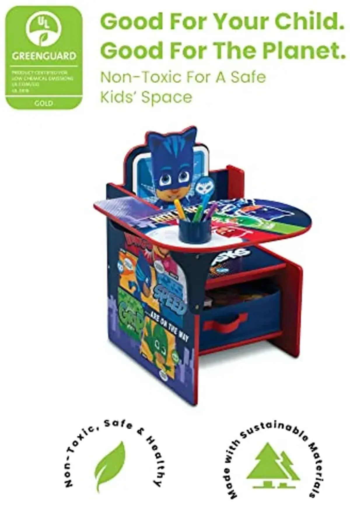 Delta Children Chair Desk with Storage Bin + Design and Store 6 Bin Toy Storage Organizer, PJ Masks (Bundle)