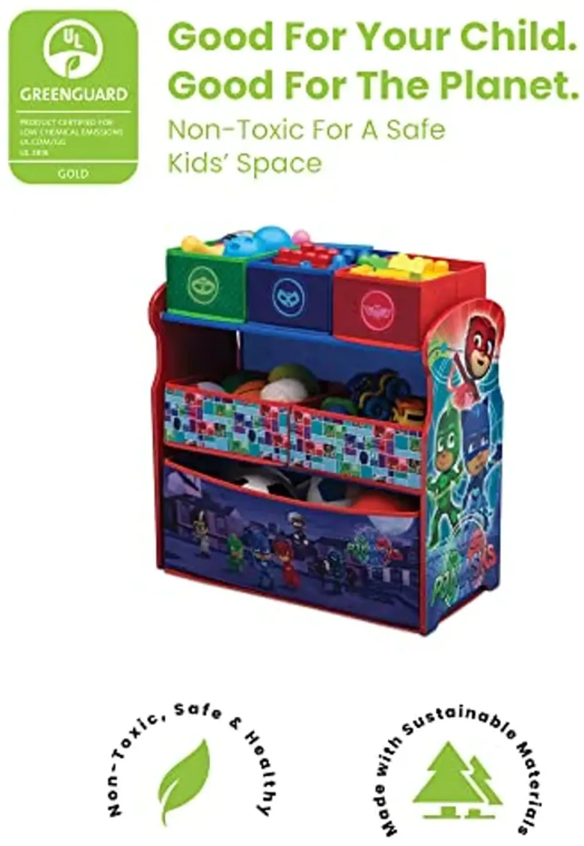 Delta Children Chair Desk with Storage Bin + Design and Store 6 Bin Toy Storage Organizer, PJ Masks (Bundle)