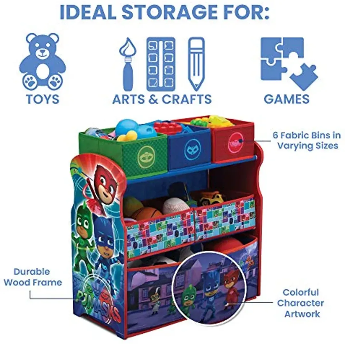 Delta Children Chair Desk with Storage Bin + Design and Store 6 Bin Toy Storage Organizer, PJ Masks (Bundle)