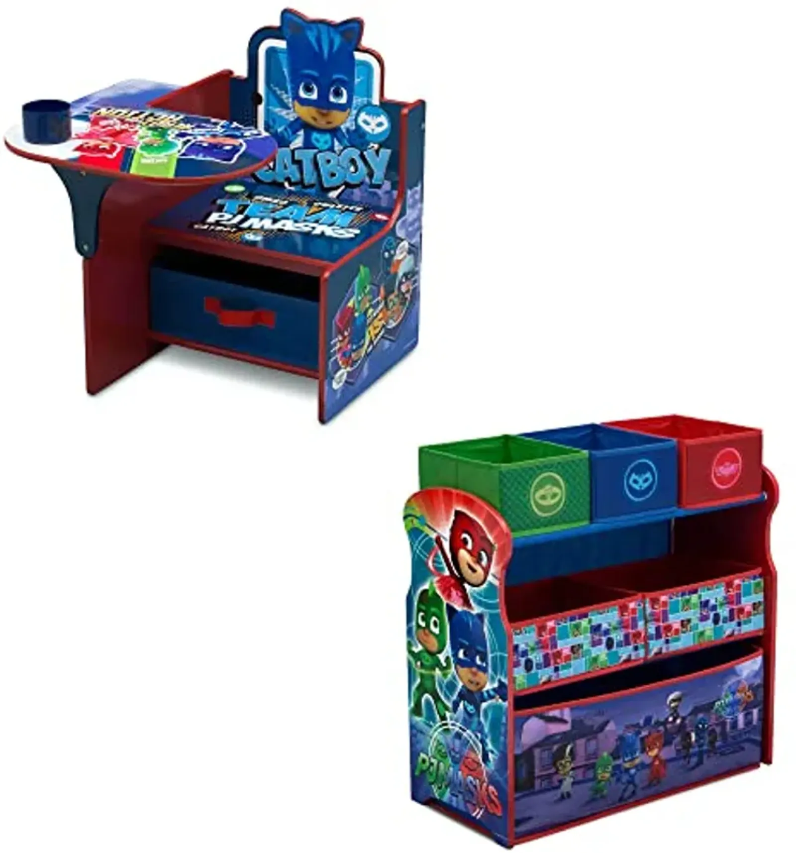 Delta Children Chair Desk with Storage Bin + Design and Store 6 Bin Toy Storage Organizer, PJ Masks (Bundle)